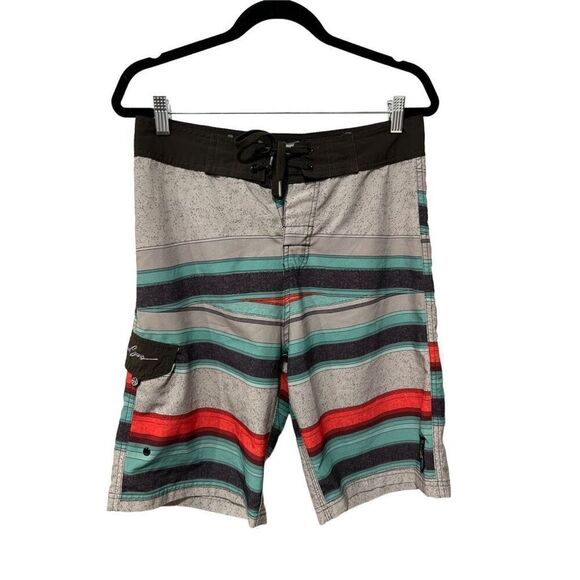 Maui and Sons 4 way stretch Black Shark Striped Trunks Board Shorts Beach size 3 - Picture 2 of 6